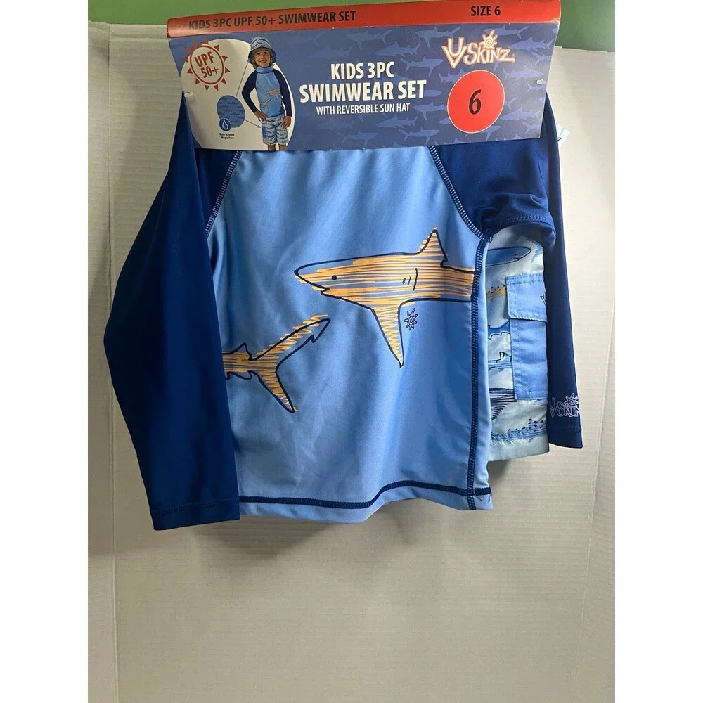 UV Skinz Boys 3pc Swimwear Set Size 6 Blue Shark Pattern Trunks UV Protect